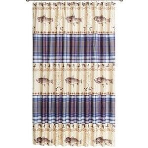Fly Fishing Shower Curtain Rod Reel Lures Fish Design Lodge Blue Plaid Tan NEW